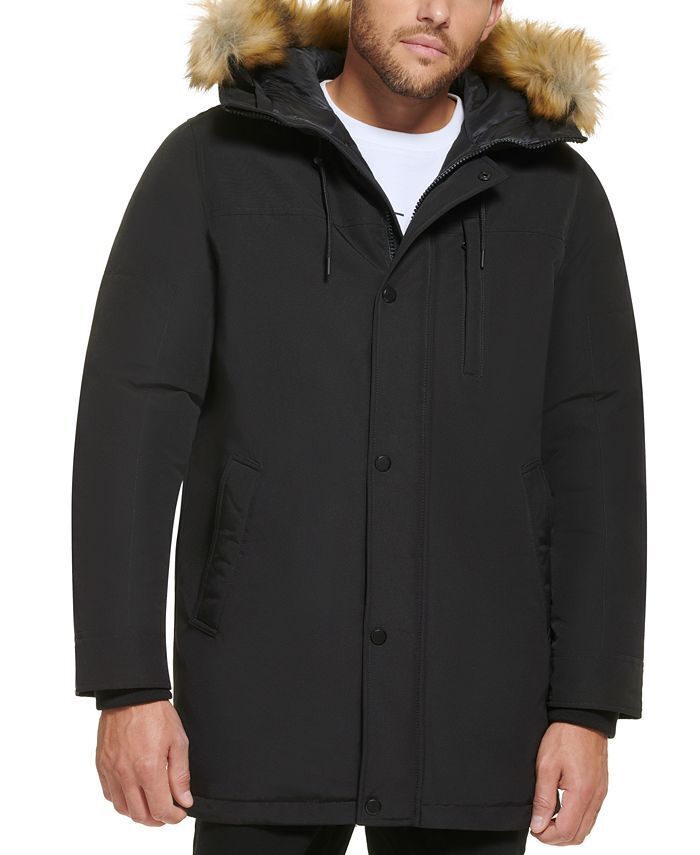 CALVIN KLEIN Men's Faux Fur Trim Parka Coat XXL Solid Black