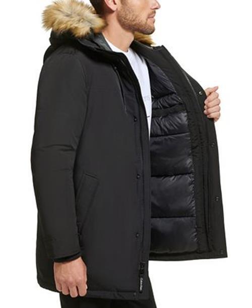 CALVIN KLEIN Men's Faux Fur Trim Parka Coat XXL Solid Black