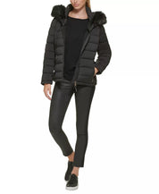 DKNY Women's Hooded Zip Puffer Coat Black Large NO FUR