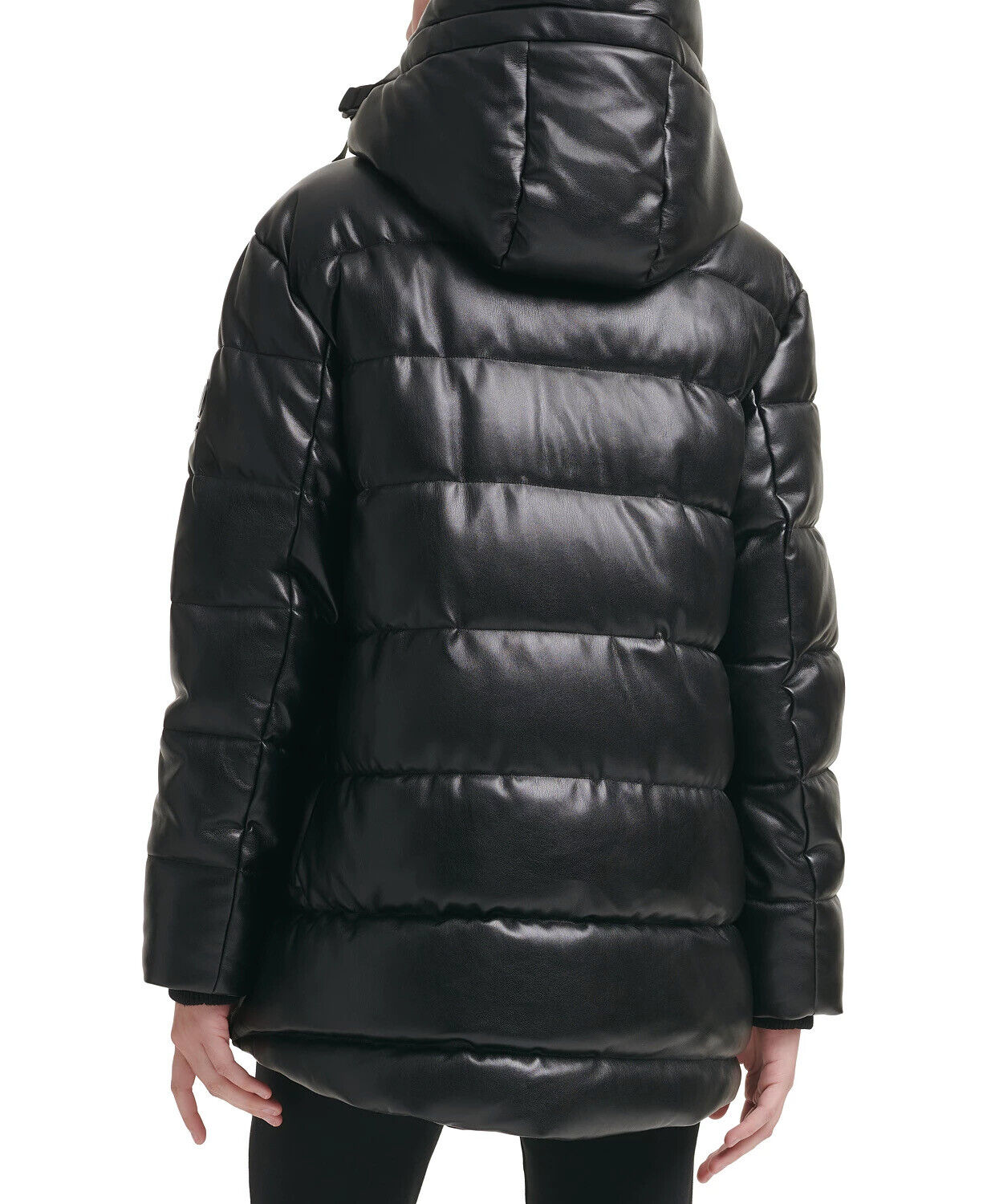 DKNY Women's Faux-Leather Hooded Puffer Coat XXL Black