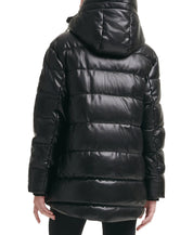 DKNY Women's Faux-Leather Hooded Puffer Coat XXL Black