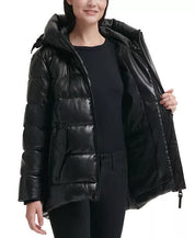 DKNY Women's Faux-Leather Hooded Puffer Coat XXL Black