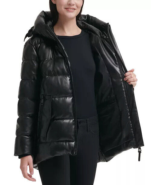 DKNY Women's Faux-Leather Hooded Puffer Coat XXL Black