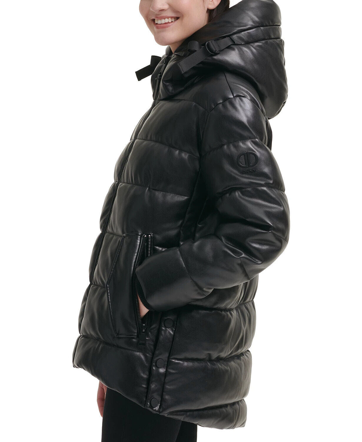 DKNY Women's Faux-Leather Hooded Puffer Coat XXL Black