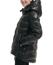 DKNY Women's Faux-Leather Hooded Puffer Coat XXL Black