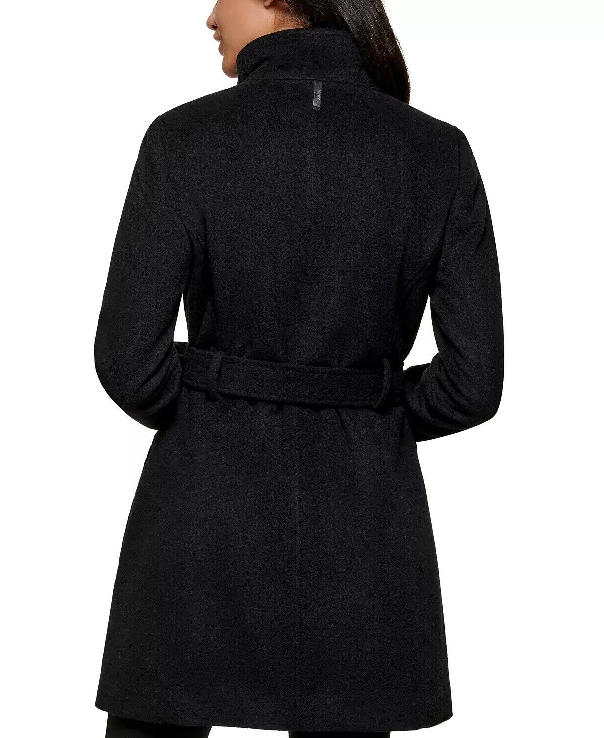 DKNY Women's Stand-Collar Button-Front Belted Coat Black Medium
