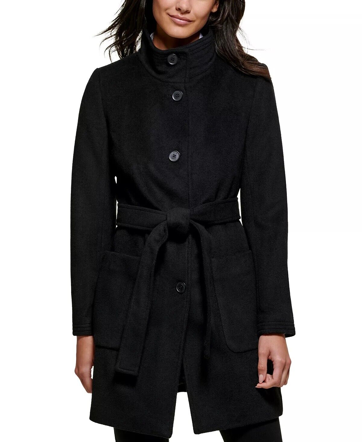 DKNY Women's Stand-Collar Button-Front Belted Coat Black Medium