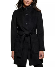 DKNY Women's Stand-Collar Button-Front Belted Coat Black Medium