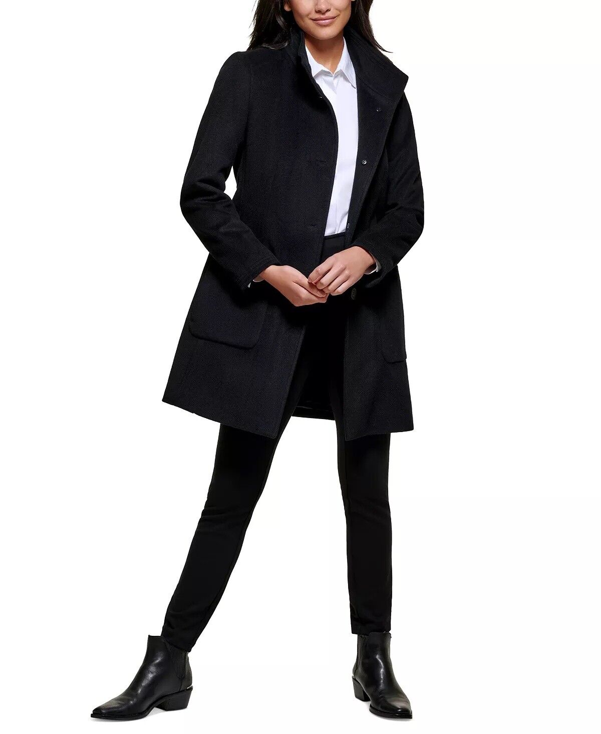 DKNY Women's Stand-Collar Button-Front Belted Coat Black Medium