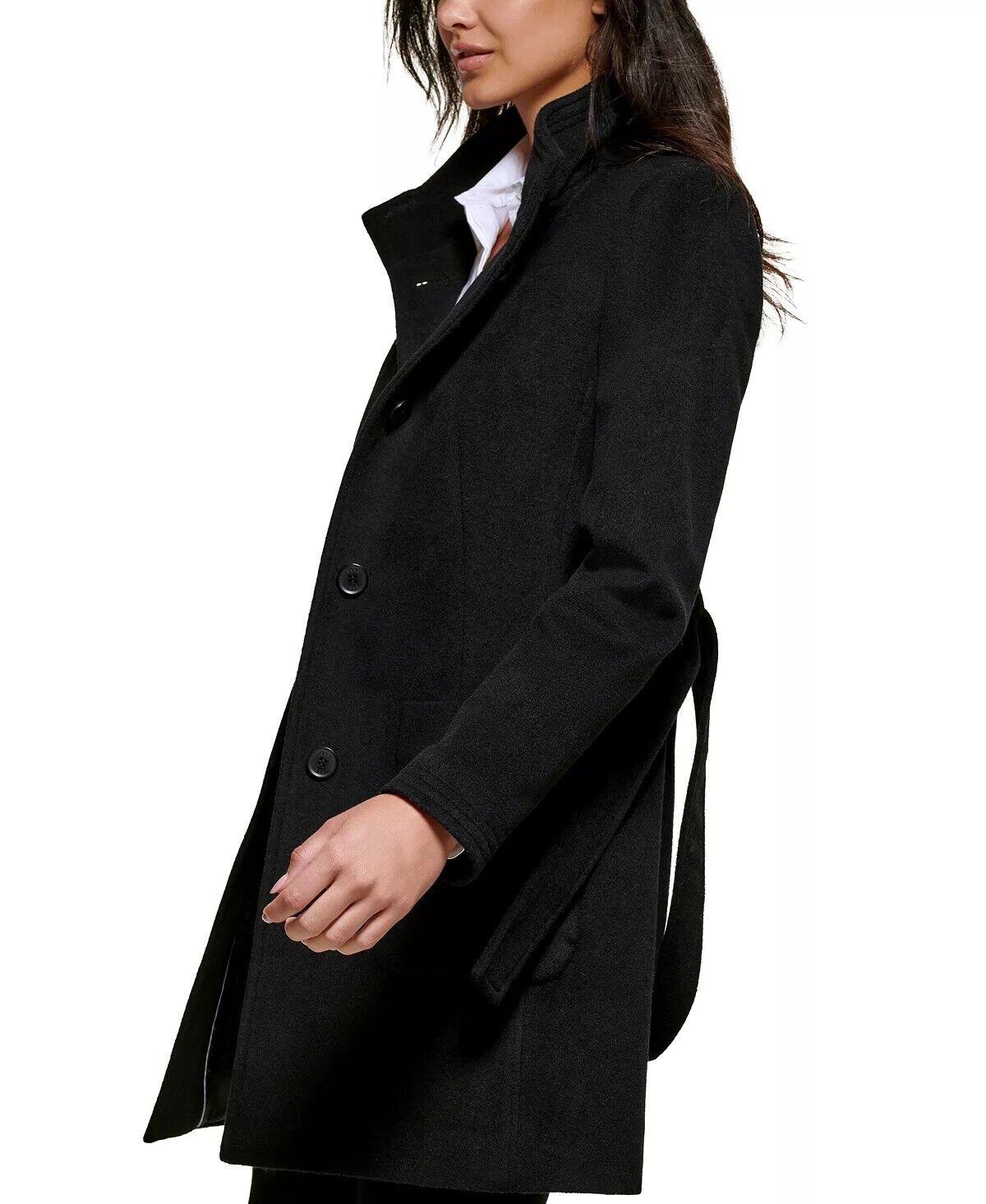 DKNY Women's Stand-Collar Button-Front Belted Coat Black Medium