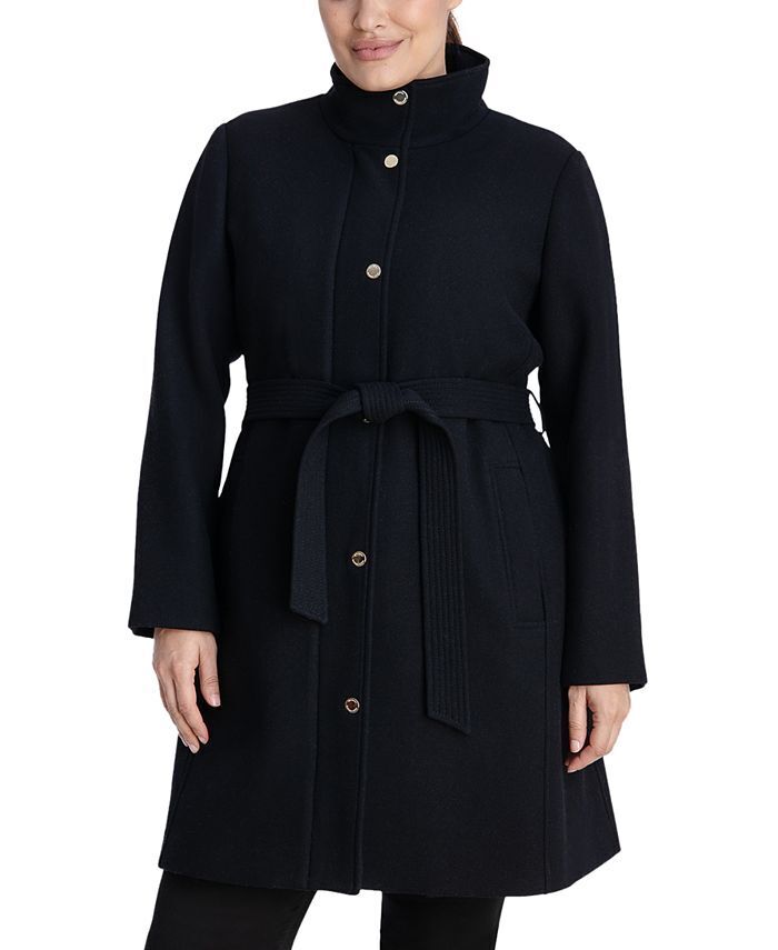 Michael Kors Women's Plus Size Belted Walker Zip Coat 1X Black Wool