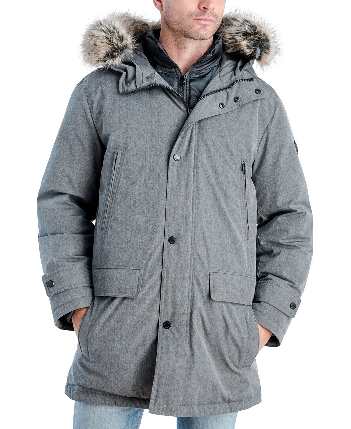 Michael Kors Men's Hooded Bib Snorkel Parka Coat Medium Grey