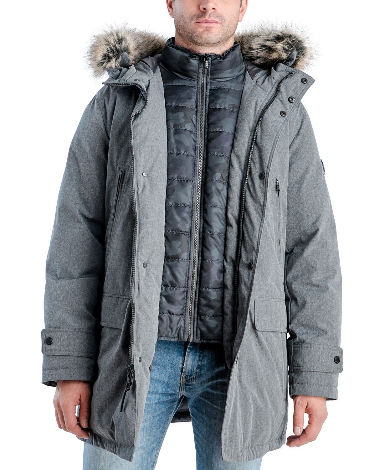 Michael Kors Men's Hooded Bib Snorkel Parka Coat Medium Grey