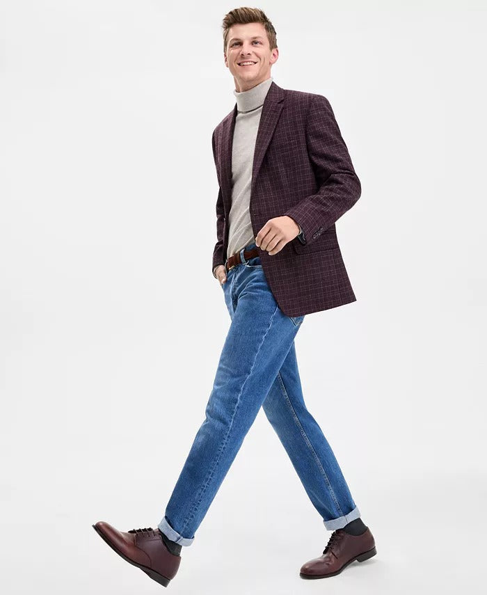 Tommy Hilfiger Mens Modern fit Sport Coat Blazer 42 L Burgundy Red Plaid Stretch