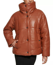 DKNY Womens Faux-Leather Snap Puffer Coat Large Cognac Brown