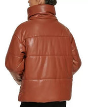 DKNY Womens Faux-Leather Snap Puffer Coat Large Cognac Brown