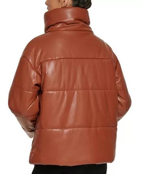 DKNY Womens Faux-Leather Snap Puffer Coat Large Cognac Brown