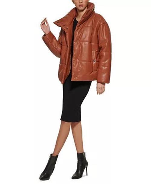 DKNY Womens Faux-Leather Snap Puffer Coat Large Cognac Brown