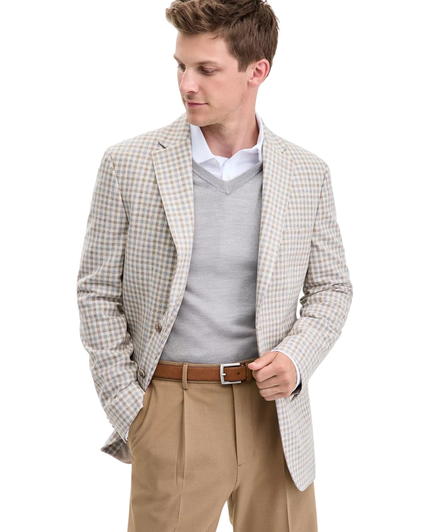 Tommy Hilfiger Mens Modern fit Sport Coat Blazer 40 L Tan Grey Check