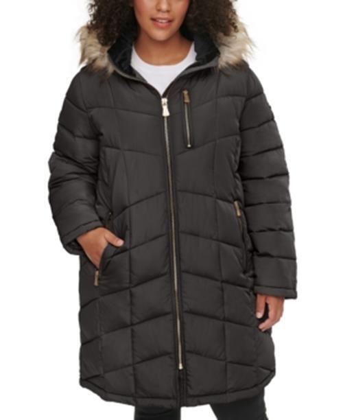 CALVIN KLEIN Womens Plus Size Faux-Fur Trim Hooded Puffer Coat Black 0X