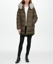DKNY Womens Faux-Fur-Trim Hooded Puffer Coat XL Loden Green