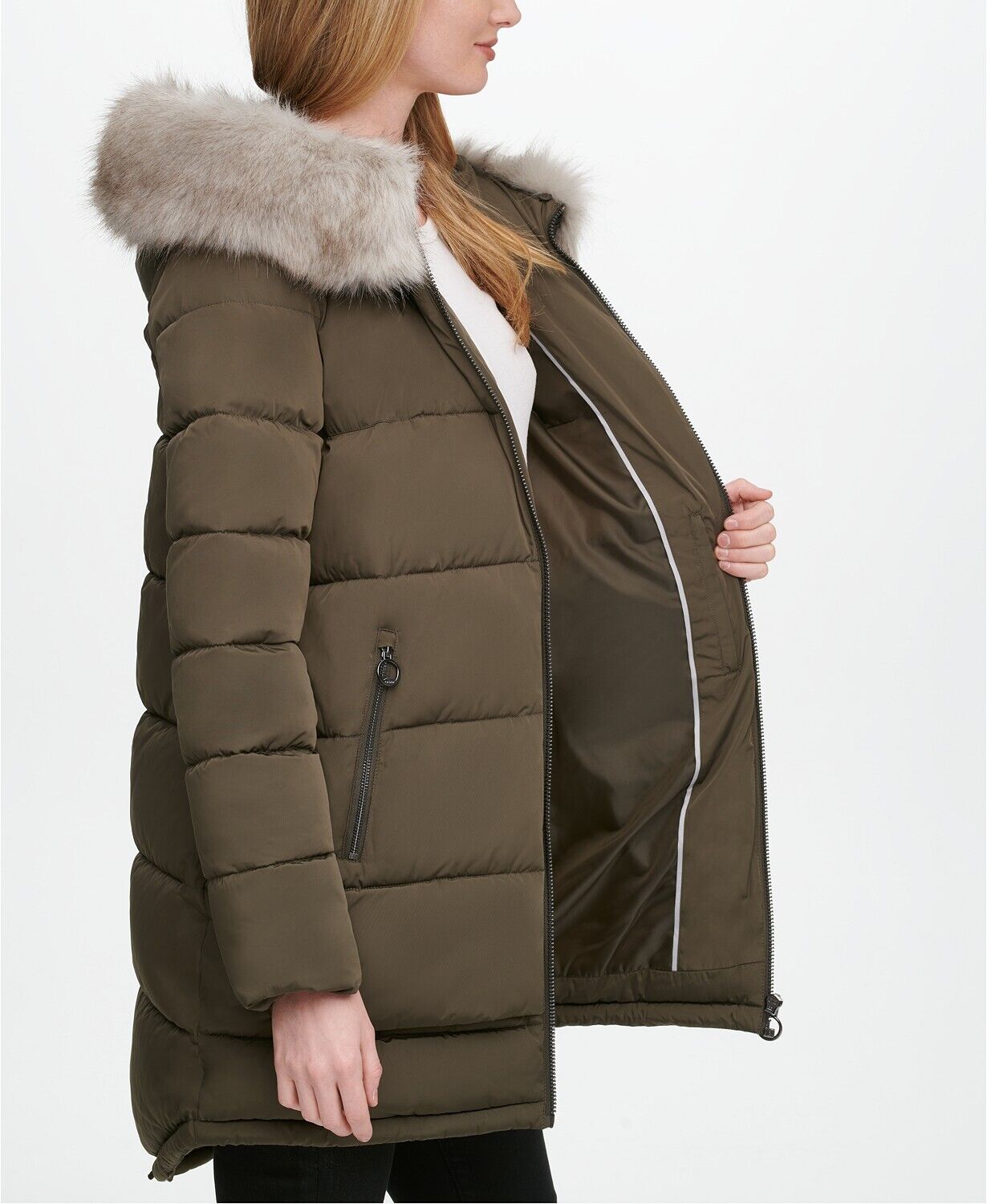 DKNY Womens Faux-Fur-Trim Hooded Puffer Coat XL Loden Green