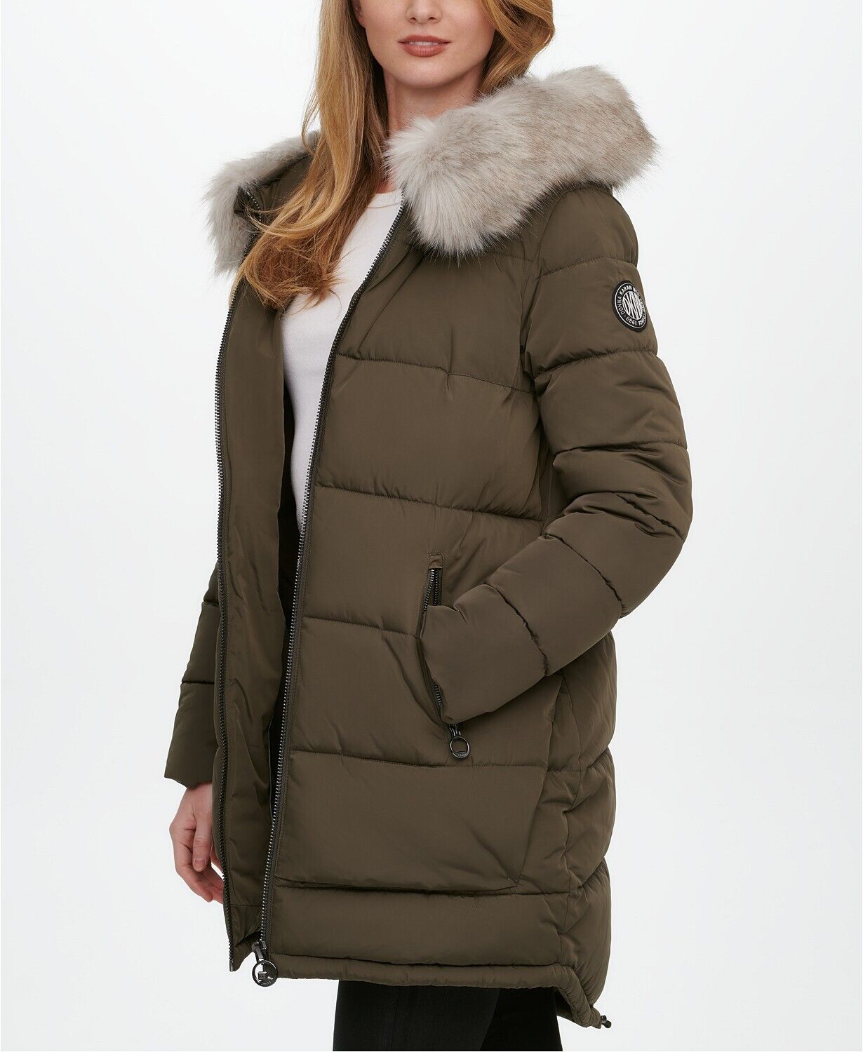 DKNY Womens Faux-Fur-Trim Hooded Puffer Coat XL Loden Green