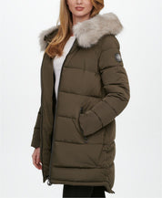 DKNY Womens Faux-Fur-Trim Hooded Puffer Coat XL Loden Green