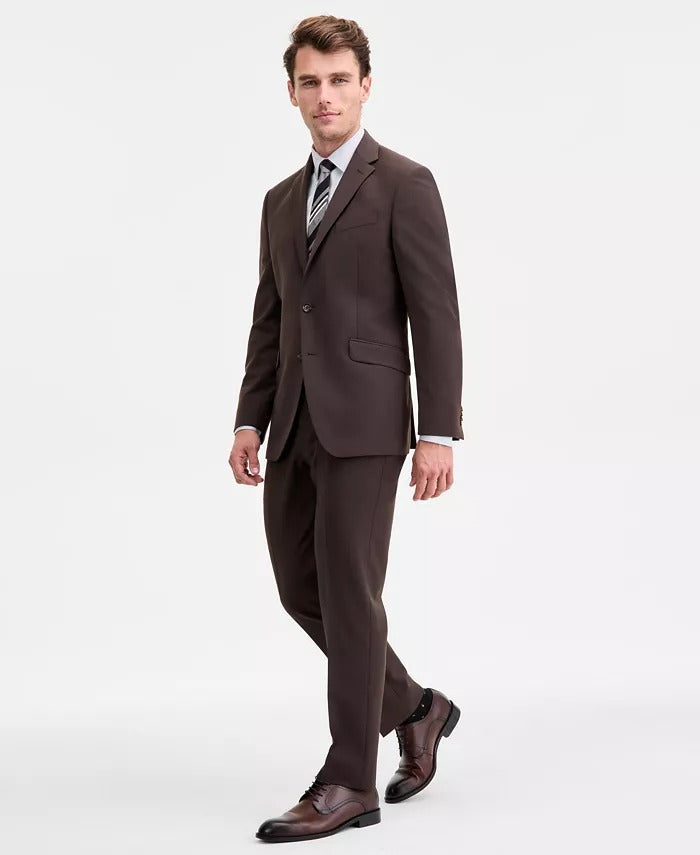 Kenneth Cole Mens Slim fit 2 Piece Suit 48 L / 42 Waist Brown Solid Stretch