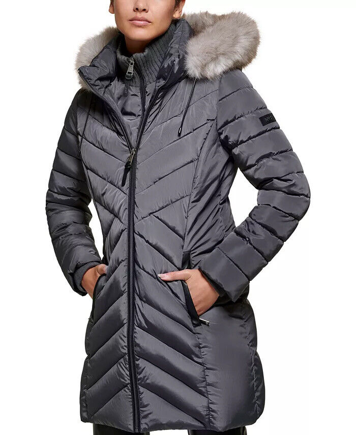 DKNY Women's Petite XXS PXXS Water-Resistant Puffer Coat Charcoal Grey