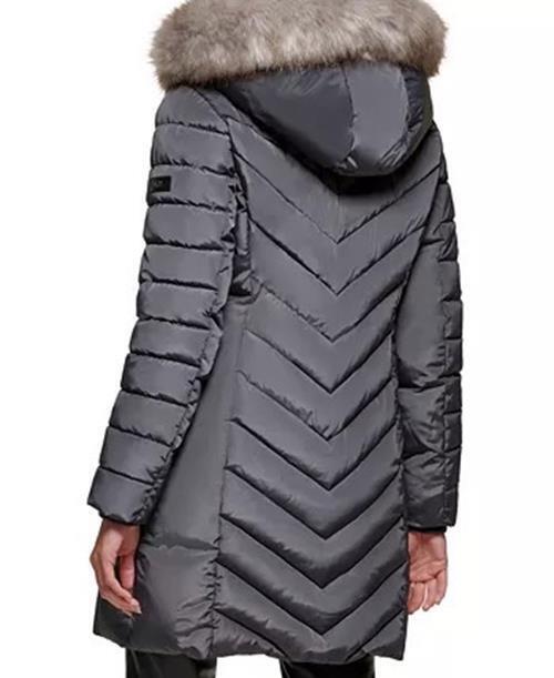 DKNY Women's Petite XXS PXXS Water-Resistant Puffer Coat Charcoal Grey