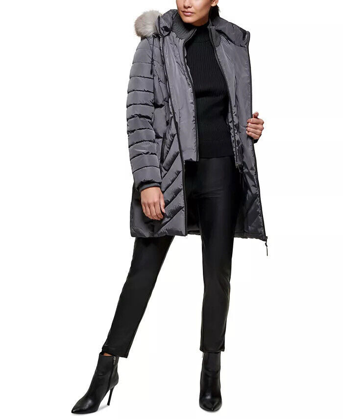 DKNY Women's Petite XXS PXXS Water-Resistant Puffer Coat Charcoal Grey