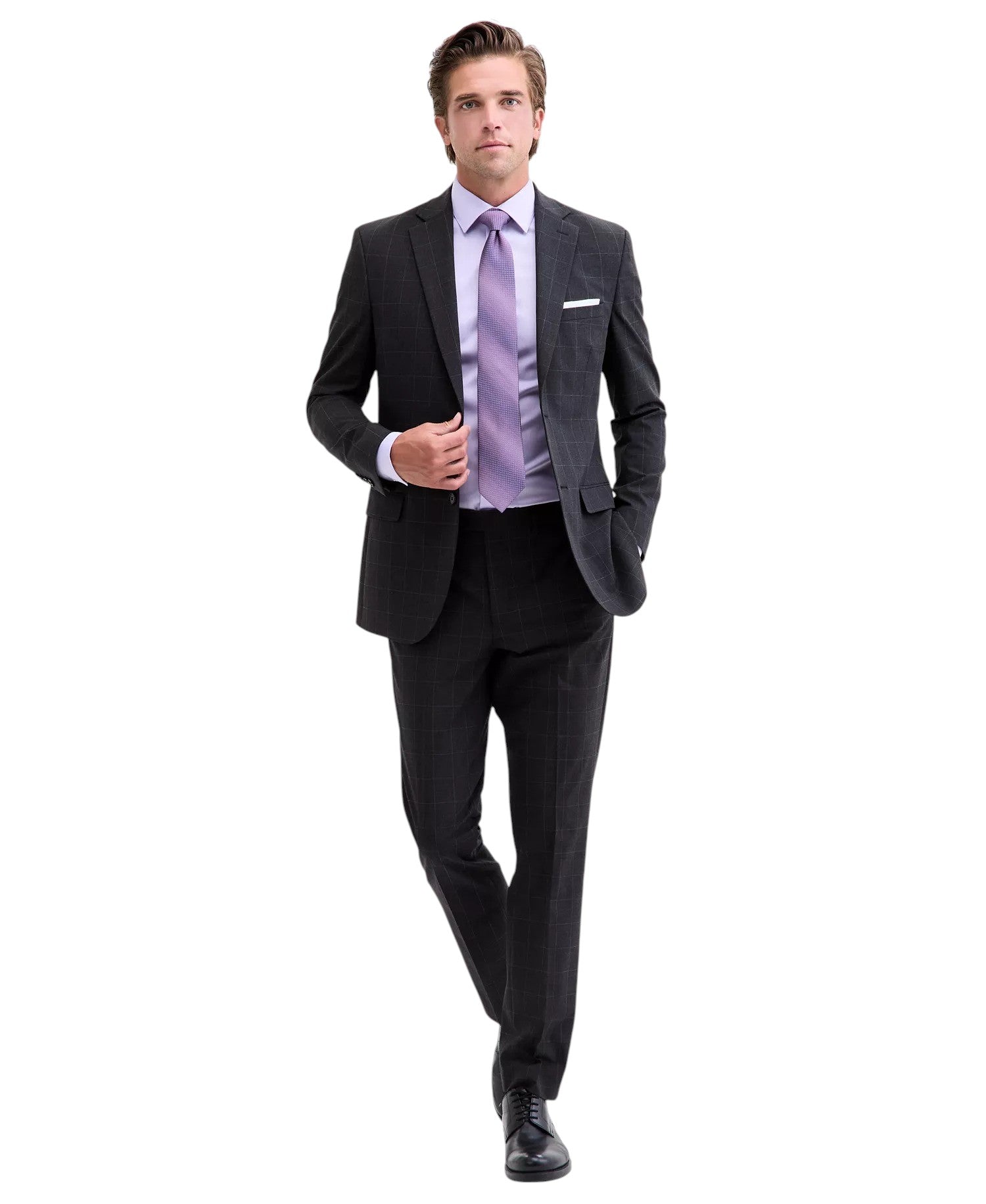 Dkny Mens Modern fit 2 Piece Suit 36 R / 29 Waist Charcoal Grey Plaid Stretch