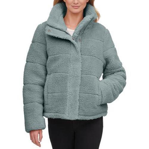 CALVIN KLEIN Women's Cropped Faux-Fur Teddy Coat Blue Large