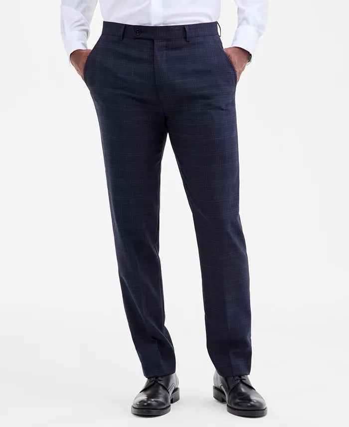 Calvin Klein Mens Slim fit Dress Pants 36 / 30 Navy Blue Plaid Stretch Wool
