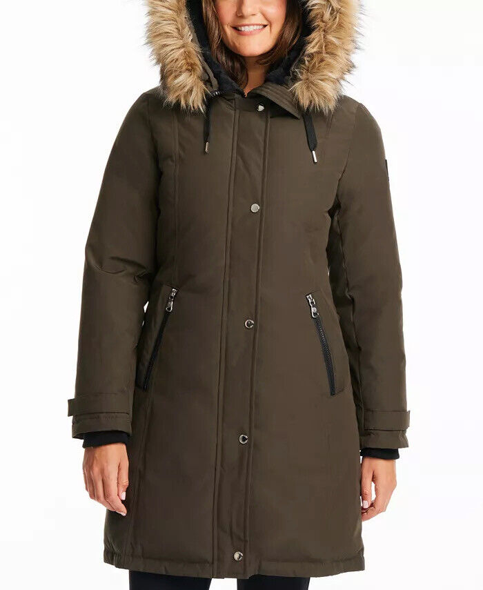 VINCE CAMUTO Women's Faux-Fur-Trim Hooded Parka Coat XS Olive Green