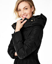Cole Haan Womens Hooded Down Puffer Coat XS Extra Small Black