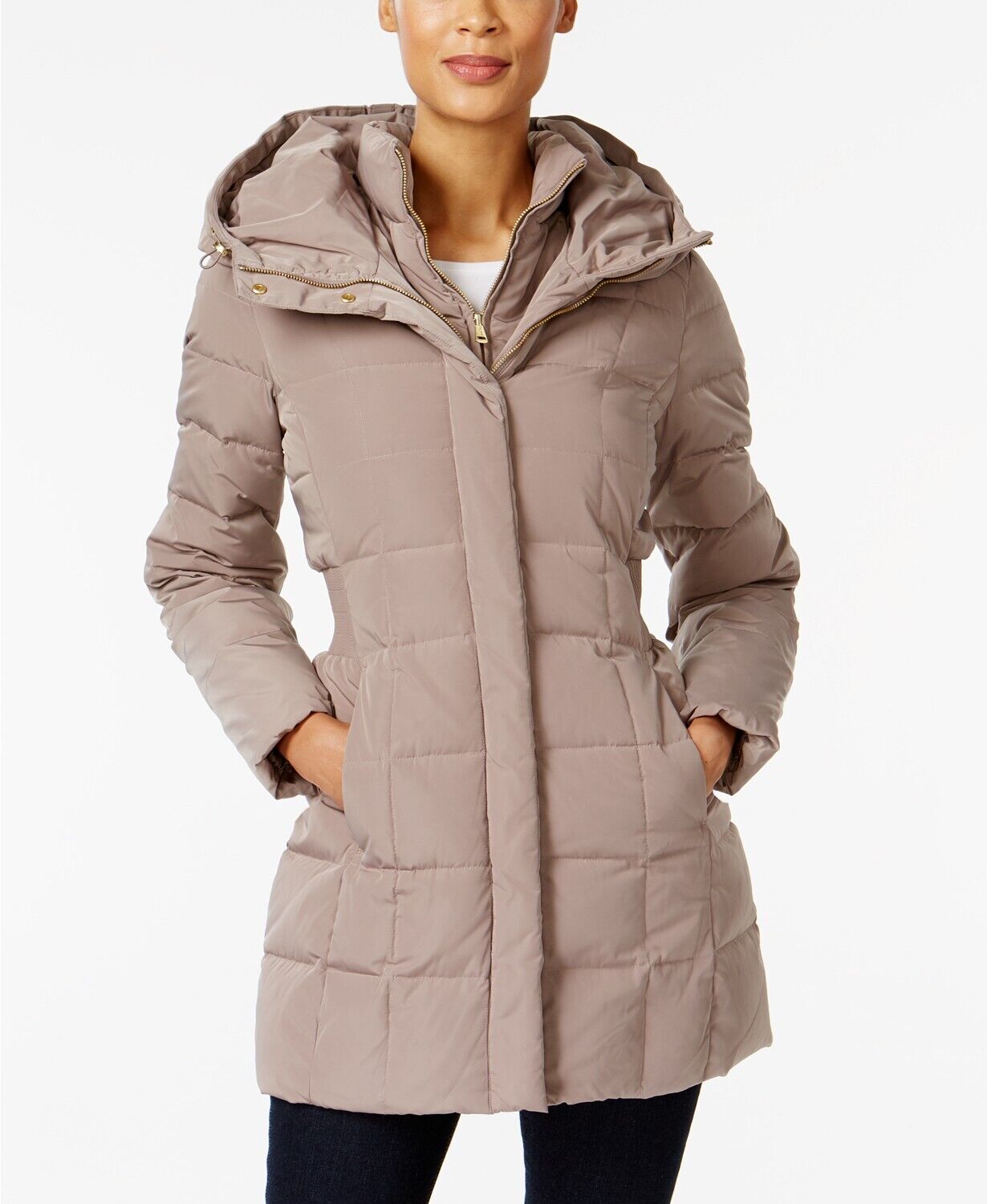 Cole Haan Womens Hooded Down Puffer Coat Medium Cashew Tan