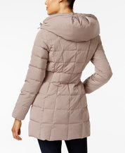 Cole Haan Womens Hooded Down Puffer Coat Medium Cashew Tan