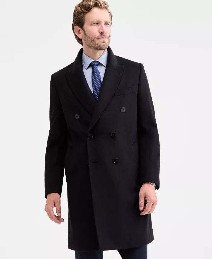 Calvin Klein Mens Classic-Fit Double Breasted Wool Overcoat Coat 40L Black