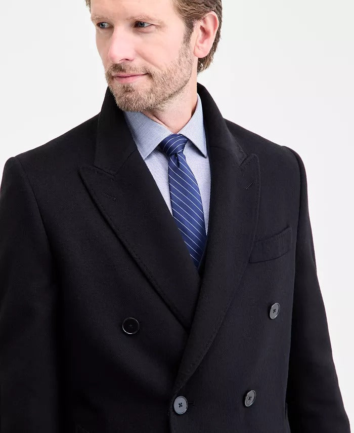 Calvin Klein Mens Classic-Fit Wool Double Breasted Overcoat Coat 44L Black