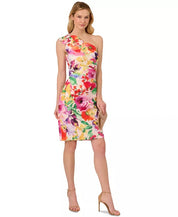 Adrianna Papell Women's Floral Print One Shoulder Pleated Dress 6 Multicolor
