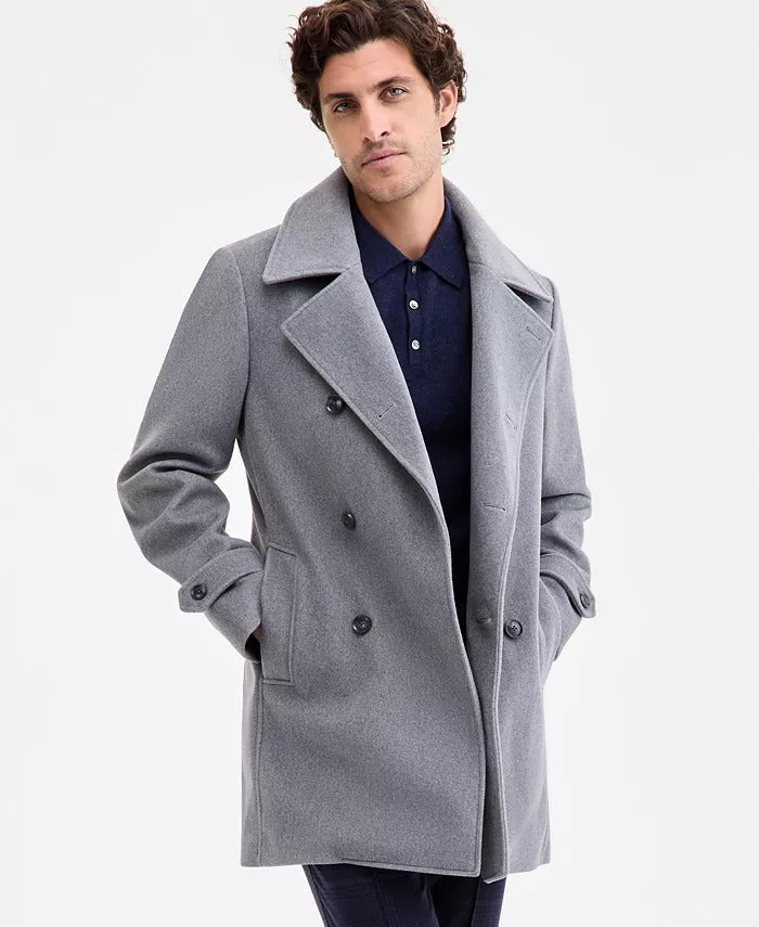 Tommy Hilfiger Mens Classic-Fit Double Breasted Peacoat Coat 44S Light Gray