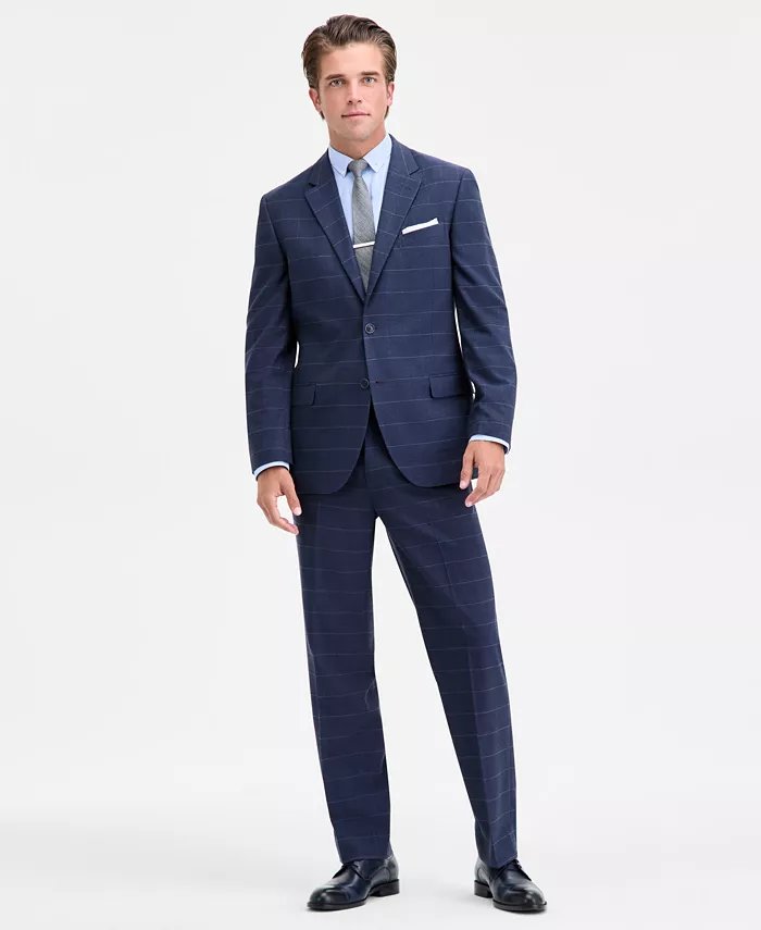Nautica Mens Modern fit 2 Piece Suit 46 L Pants 41 / 34 Navy Blue Windowpane