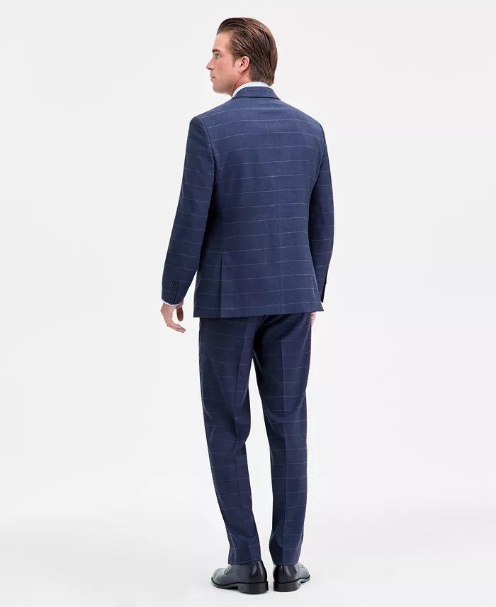 Nautica Mens Modern fit 2 Piece Suit 46 L Pants 41 / 34 Navy Blue Windowpane
