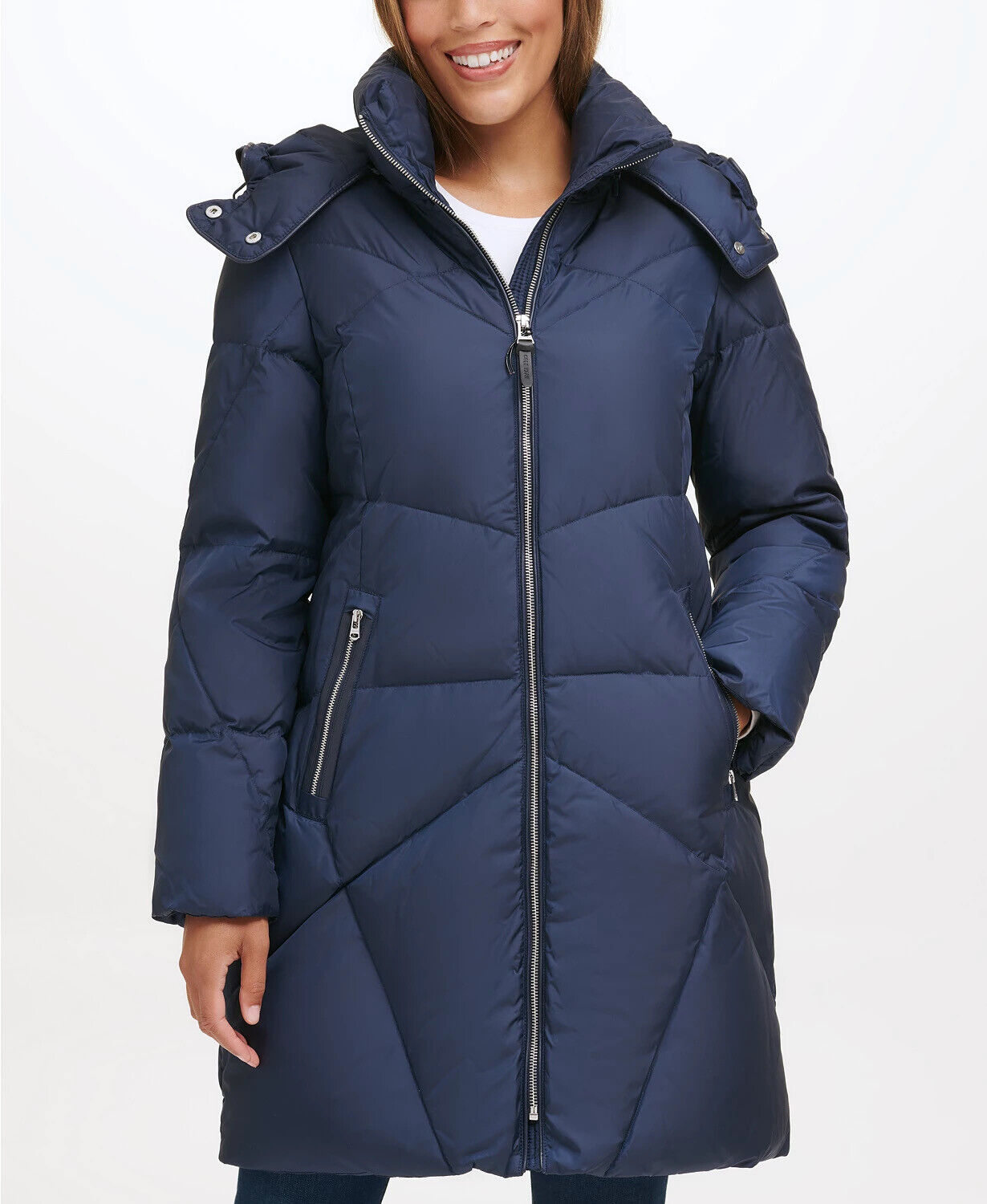 Cole Haan Women's Zip Hooded Down Zip Puffer Coat Medium Navy Blue