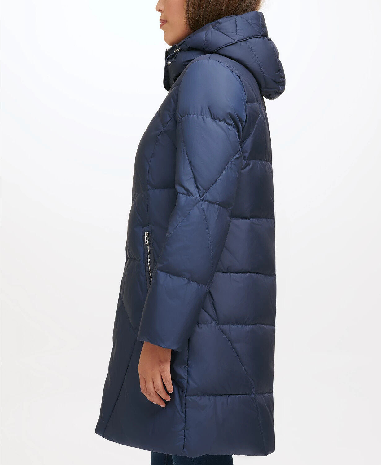 Cole Haan Women's Zip Hooded Down Zip Puffer Coat Medium Navy Blue