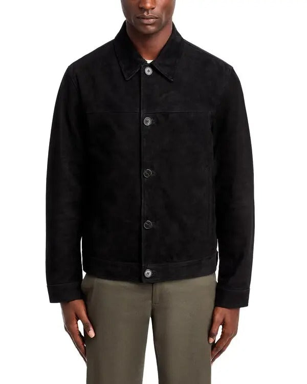 Theory Mens Amos Trucker Jacket Suede Leather Black XL