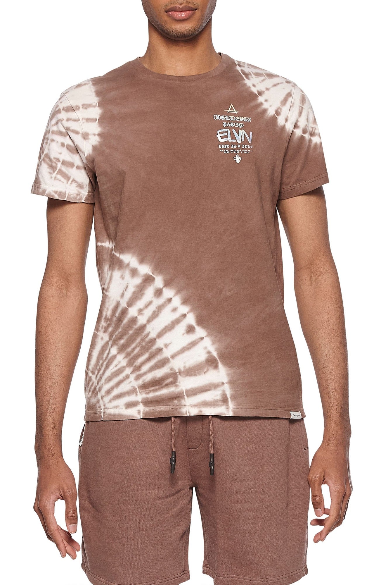 Elevin Paris Men's Deep Taupe Tie Dye Graphic Crewneck T shirt Small