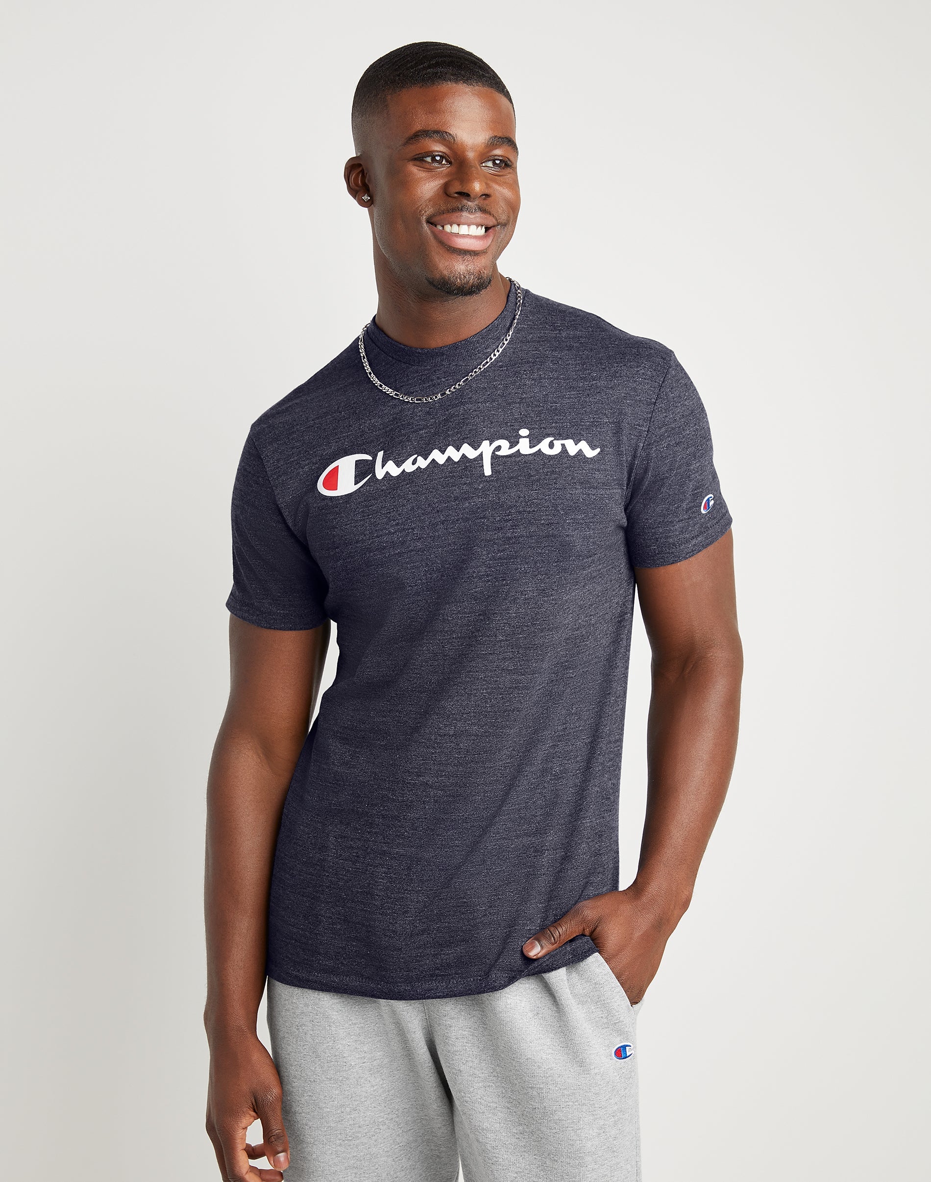 Champion Men's Graphic Heathered Powerblend T Shirt Navy Heather Small